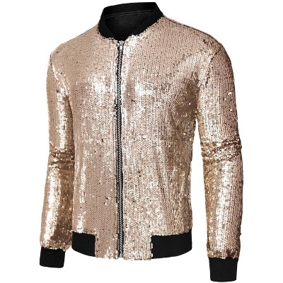 Unique Bargains Men's Long Sleeves Sequin Varsity Zipper Bomber Jacket, Size: 2XL, Green