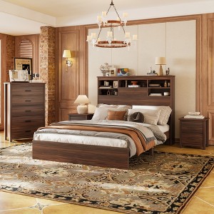 TIRAMISUBEST 4PCS Bedroom Sets, Wooden Queen Size Bed Frame with Storage Headboard, 2 Nightstands with 2 Drawers, 1 Dresser with 5 Drawers - 1 of 4