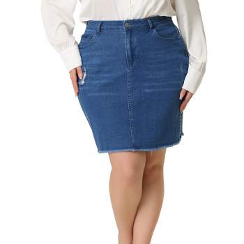 Agnes Orinda Women's Plus Size Denim Embroidered Distressed Ripped Pencil Skirts