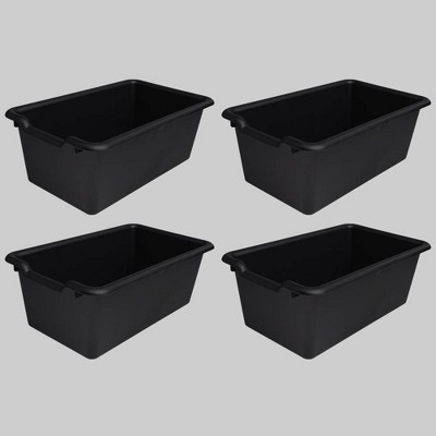 black plastic storage bins