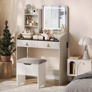 Vanity Desk with LED Light Mirror and Charging Station,Small Makeup Vanities Set with 2 Drawers - 1 of 4