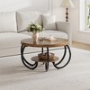 30 Inch Round Farmhouse Coffee Table with Storage Shelf, 2 Tier Rustic Wood Center Table with Curved Metal Legs - 4 of 4