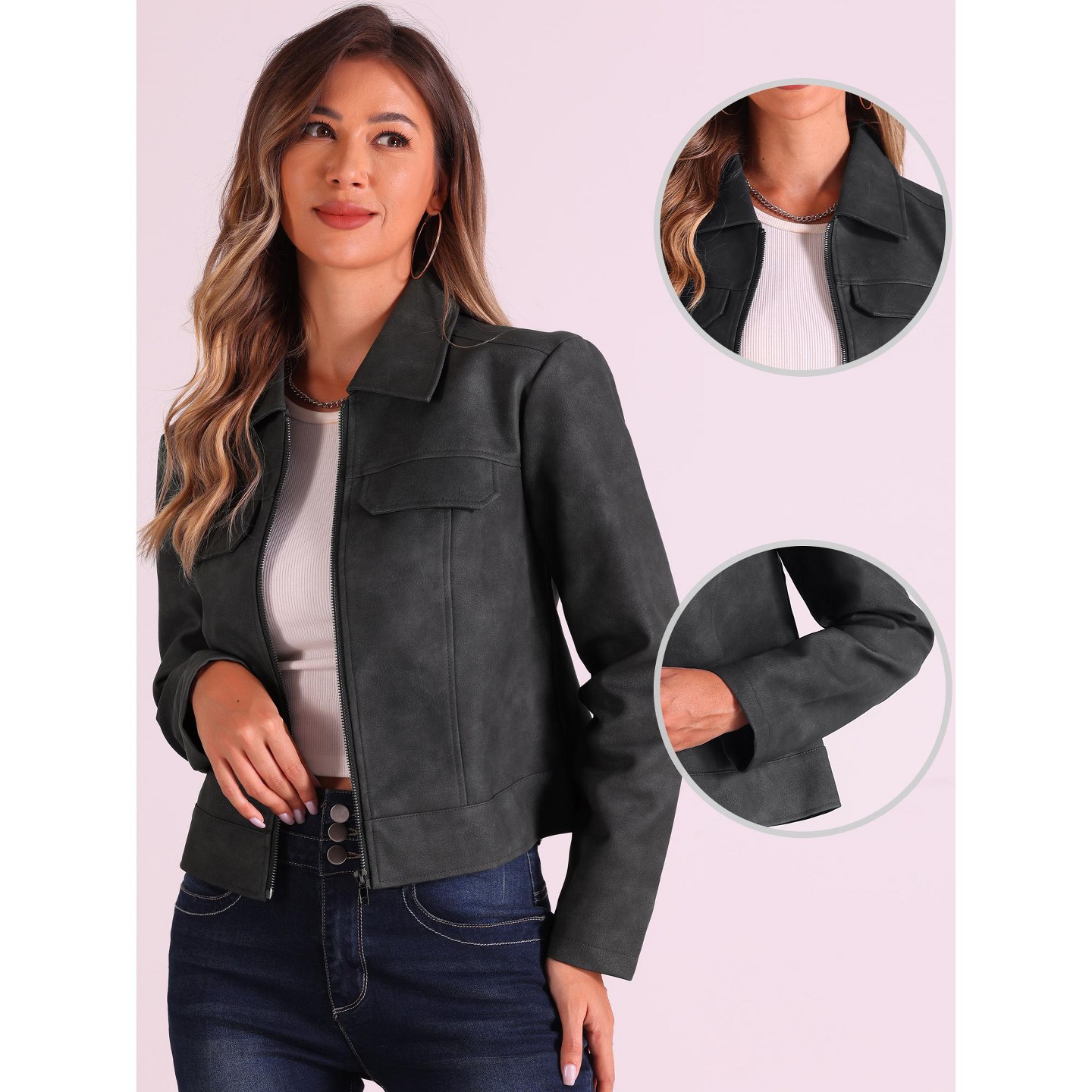 Женские куртки Allegra K Faux Leather Zip Up Long Sleeve Vintage Moto Biker Jackets X-Small Black, цвет: Чёрный — фото 2