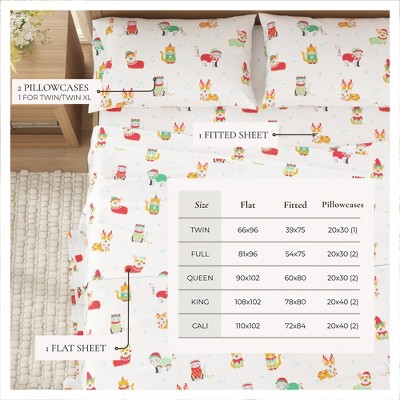 Queen Size Dog Cat Christmas Cotton Flannel Sheet Set