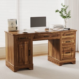 Garvee 58" Fluted Executive Desk, Home Office Desk with Keyboard Tray, 5 Embossed Texture Drawers & Storage Cabinet, Farmhouse Desk for Home Office - 1 of 4