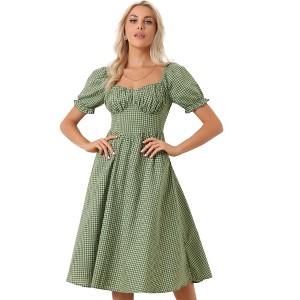 Allegra K Women's Sweetheart Neck Puff Sleeve Gingham Midi Plaid Tea Dress - 1 of 4