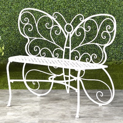 Lakeside Decorative White Metal Butterfly Motif Bench - Home Garden Accent