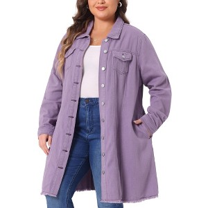 Agnes Orinda Women's Plus Size Stand Collar Buttons Long Sleeve Raw Hem Long Denim Jackets - 1 of 4