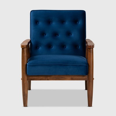 Navy Blue Velvet and Walnut Wooden Accent Chair