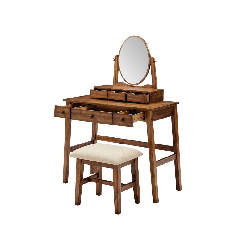 Lorna Traditional Wood 6 Drawer 2 Tier Adjustable Mirror Vanity and Upholstered Stool Walnut - Linon, 3 of 14