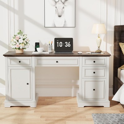 Dyonery 60" Farmhouse Executive Desk Wood Computer Office Desk with Drawers & Cabinet Antique