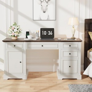 Dyonery 60" Farmhouse Executive Desk Wood Computer Office Desk with Drawers & Cabinet Antique - 1 of 4