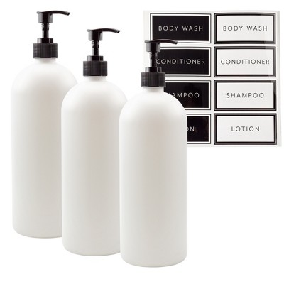 Cornucopia Brands White Shower Pump Bottles, 3pc Set; Plastic Pump Dispensers for Shampoo, Conditioner, and Body Wash