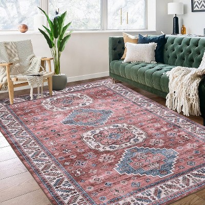 Vintage Boho Living Room Rug - Large Washable Low Pile Non-Slip Carpet for Nursery, Apartment, Office, Stain Resistant & Non-Shedding