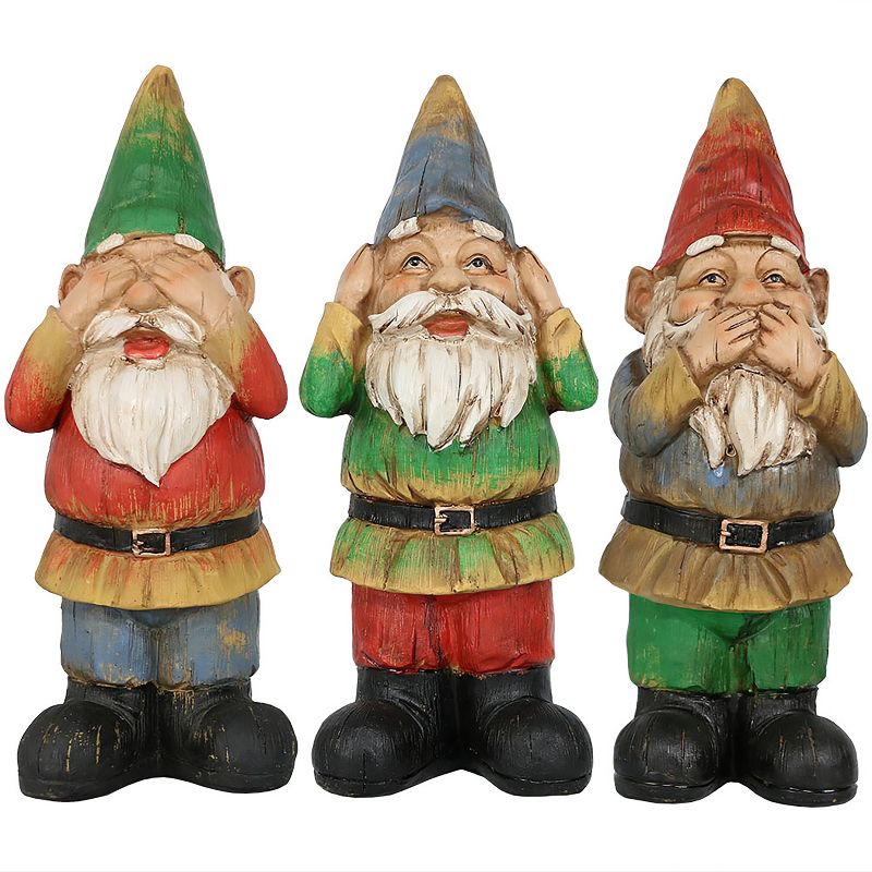 Sunnydaze Three Wise Garden Gnomes Hear, Speak, See No Evil Indoor/Outdoor Lawn Statue Set - 12" H - 3-Piece Set, 1 of 9