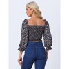 Allegra K Women's Smocked Floral Sweetheart Neck Drawstring Front Puff Sleeve Summer Crop Top - 3 of 4