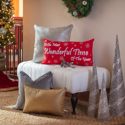 Red Embroidered Christmas Lumbar Pillow Cover with Snowflakes