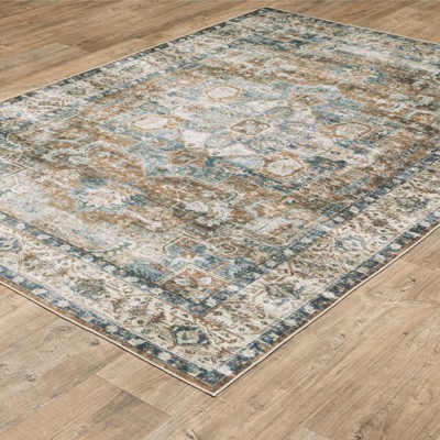 Charleston Blue and Gold Synthetic Washable Area Rug 3'6" x 5'6"