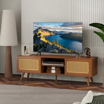 Chic Crate-Mid Century Modern Rattan TV Stand – 65 Inch Media Console with Solid Wood Feet & Rattan Doors, Multi-Room Entertainment Cabinet (Walnut)