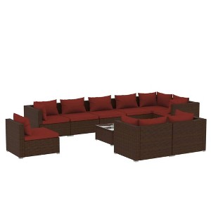 vidaXL Stylish 10-Piece Patio Lounge Set with Cushions, Water-Resistant Poly Rattan - Brown with Cinnamon Red - 1 of 4