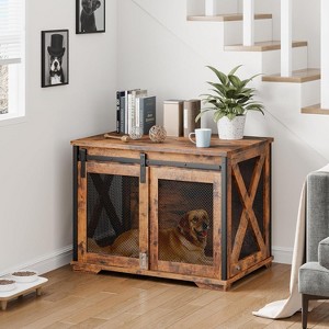 Dog Crate Furniture with Sliding Barn Door, 37''Dog Cage Furniture, Wooden Dog Kennel End Table with Detachable Divider, Indoor Puppy Kennel - 1 of 4