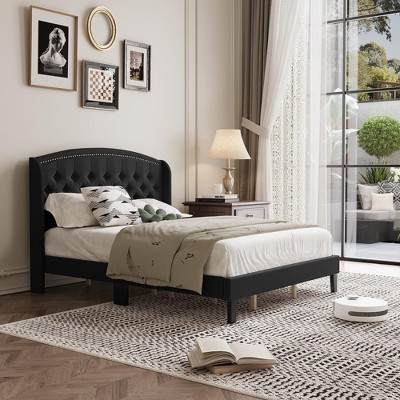 Bed Frame, Soft Velvet Upholstered Platform Bed Frame with Wingback Headboard and Button Tufted Design, Wood Slat Support