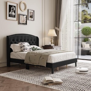 Bed Frame, Soft Velvet Upholstered Platform Bed Frame with Wingback Headboard and Button Tufted Design, Wood Slat Support - 1 of 4