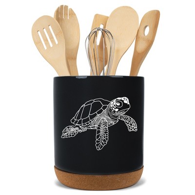 Elanze Designs 8 inch Nautical Sea Turtle Large Ceramic Kitchen Utensil Holder Black and White Crock with Cork Base