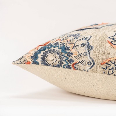 Embroidered Floral Medallion 17" Square Throw Pillow in Blue and Rust
