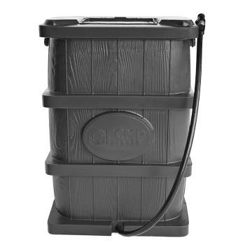 FCMP Outdoor WG4000-GRY Wood Grain Rain Barrel with Flat Back for Environmentally Friendly Watering of Outdoor Plants, Gardens, and Landscapes, Gray