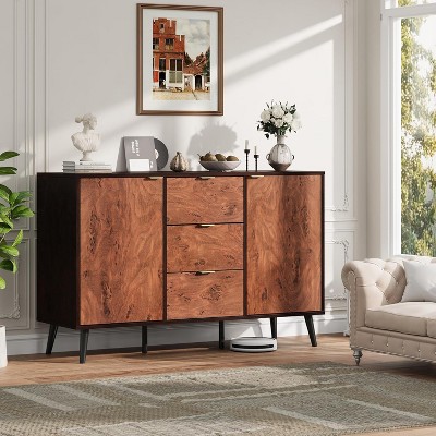 Sideboard Buffet Cabinet with Storage, Farmhouse Kitchen Wooden Cabinet, Gorgeous Burl Texture, Coffee Bar for Living Room