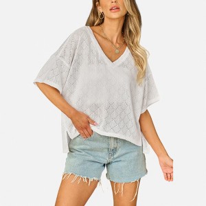 Amaryllis Women's Open-knit V-neck Oversized Top Relaxed Fit