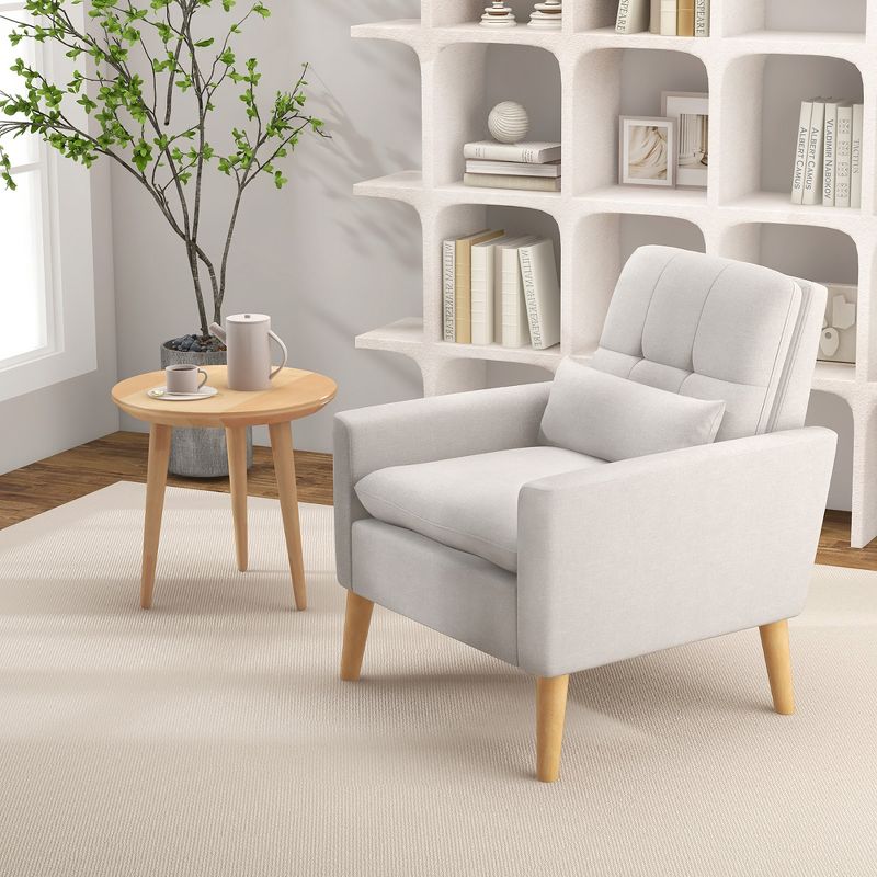 Tangkula Mid-century Modern Accent Chair Linen Fabric Reading Armchair w/ Lumbar Pillow Beige, 3 of 9