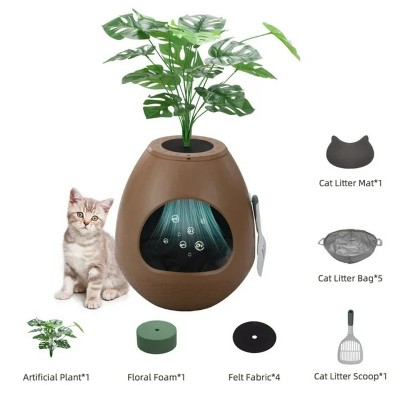 LunaLulinlk Brown upgraded version artificial plant cat litter box with deodorizing scoop