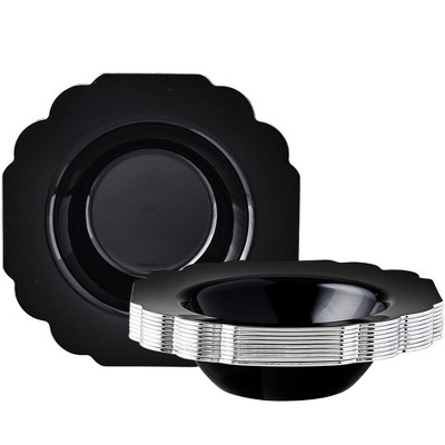 Silver Spoons Elegant Disposable Plastic Plates for Party, Heavy Duty Black Disposable Plate Set, (10 PC) - Baroque