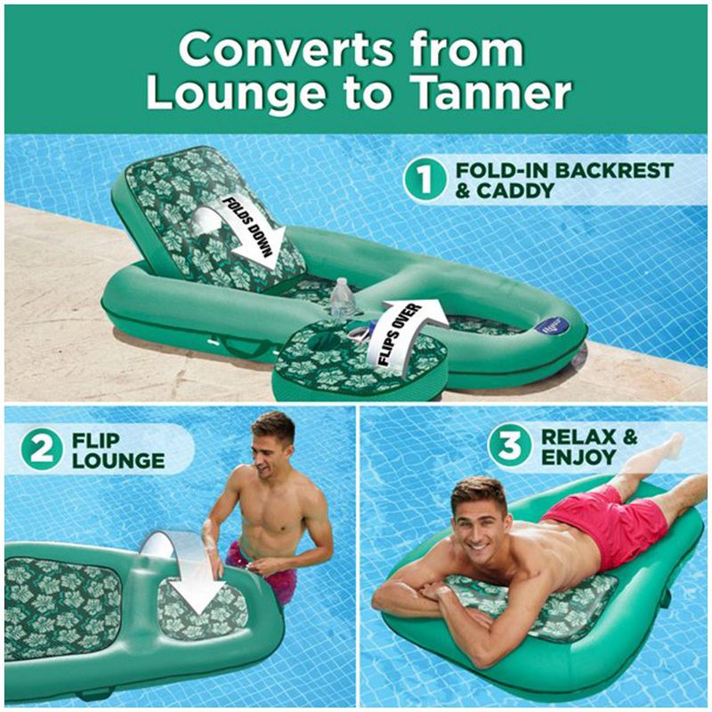 Aqua Leisure Campania 2 in 1 Convertible Water Lounger Pool Inflatable, Floral + Aqua Leisure Zero Gravity Inflatable Swimming Chair Float, Green, 4 of 7