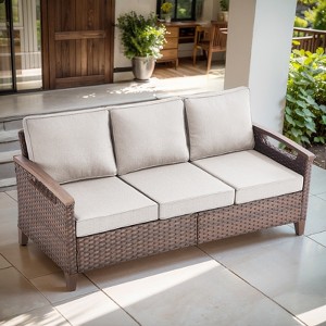 POCASSY Outdoor Sofa Patio Couch, All Weather Brown Wicker 3-Seater Outdoor Furniture Sofa with Dark Brown Hand-Brushed Arms & Comfort 4" Cushion - 1 of 4