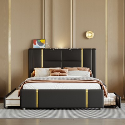 Okak Queen Platform Bed Frame with LED Lights and USB Charger No Box Spring Needed Upholstered Bed with Gold Decoration and Trundle
