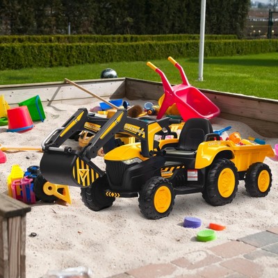 Red 12V 3 in 1 Kids Ride On Excavator Tractor With Detachable Trailer Remote Control Led Lights  Music And Safety Features Red