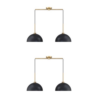 Matte Black and Brass Dual Drum Pendant Light Set