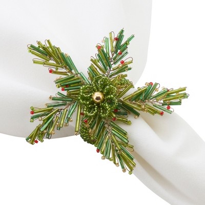 Green Beaded Pine Design Holiday Napkin Rings Set of 4