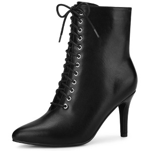 Allegra K Women's Lace Up Pointed Toe Stiletto Heels Ankle Boots - 1 of 3