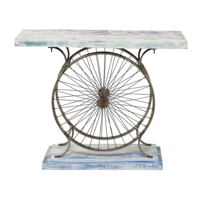 Rustic Blue Bike Console Table with Slatted Wood Top and Metal Frame