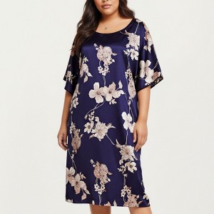 Anna-Kaci Lounge Women's PLus Size Satin Nightgown with Allover Floral Print Relaxed Fit Scoop Neckline and Flowing Short Sleeves - 1 of 4