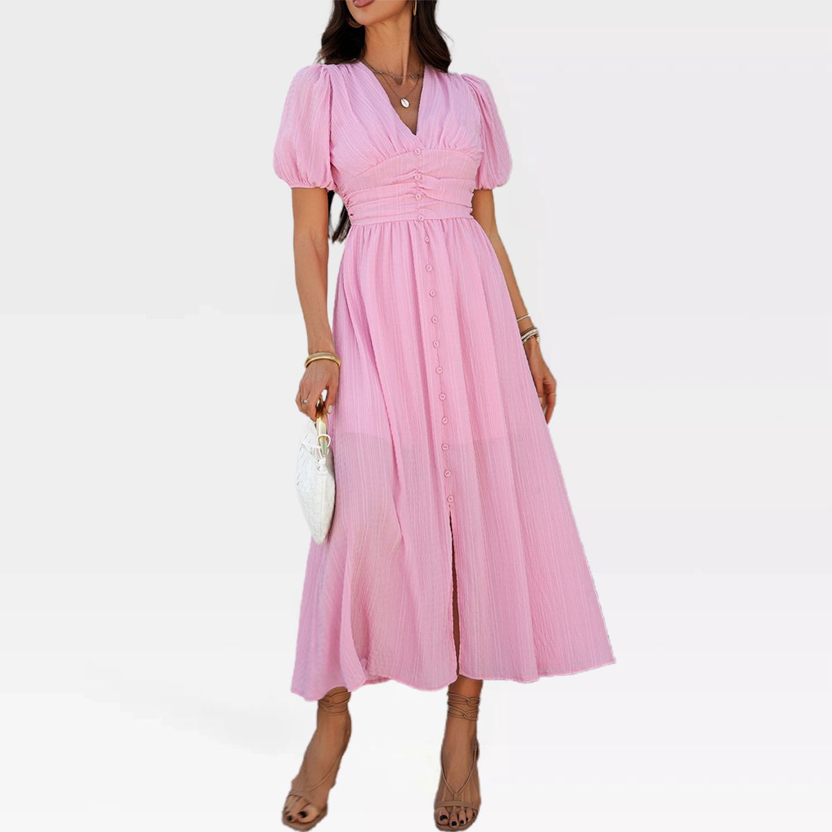 Garvee Women's V Neck Short Sleeve Midi Dress Ruched High Waist Button Front Smocked Back Lantern Sleeve Flowy A-Line Sun Dresses - thumbnail 9