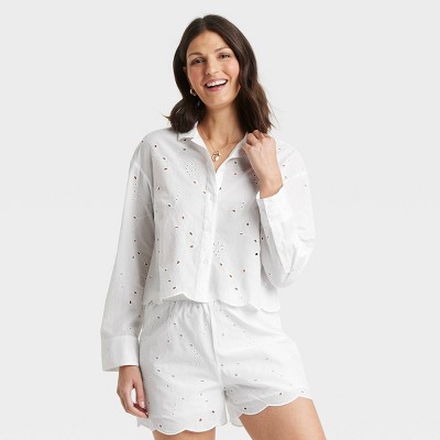 Women's Eyelet Long Sleeve Button-Down Shirt - A New Day™