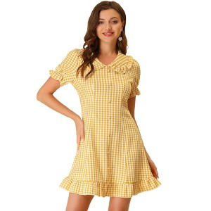 INSPIRE CHIC Women's Plaid Gingham Puff Sleeve Ruffle Peter Pan Collar Vintage Dress - 1 of 4