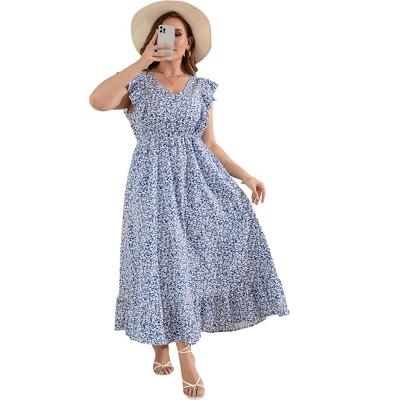 Clearlove Women's Summer Plus Size Dress Ruffle Cap Sleeveless V Neck Side Split Long Beach Maxi Dress