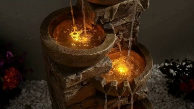 33.27" Brown Polyresin Cascading Bowls and Stacked Stones LED Fountain