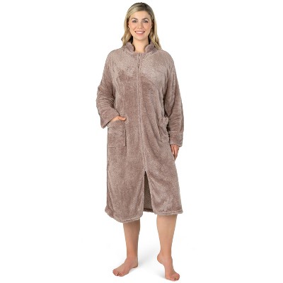 PAVILIA Womens Fluffy Housecoat Zip Robe, Faux Shearling Zipped Up Front Bathrobe, Plush Warm Zipper House Coat Lounger